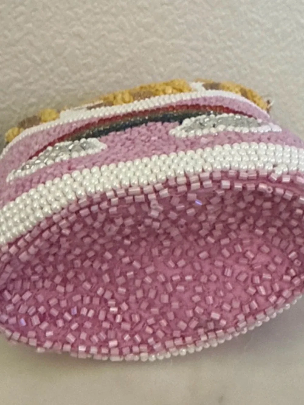 Hand-Beaded Pink Crossbody Bag with Rainbow & Fries Motif